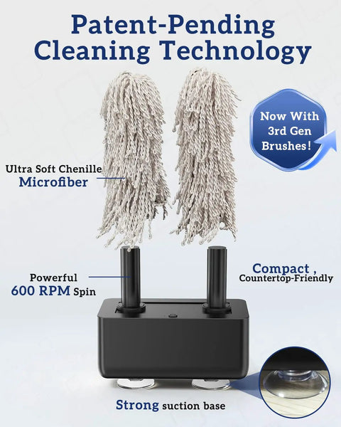 Turbo 600 RPM Home Glassware Polisher And Wine Glass Cleaner Machine featuring microfiber brushes and a strong suction base.