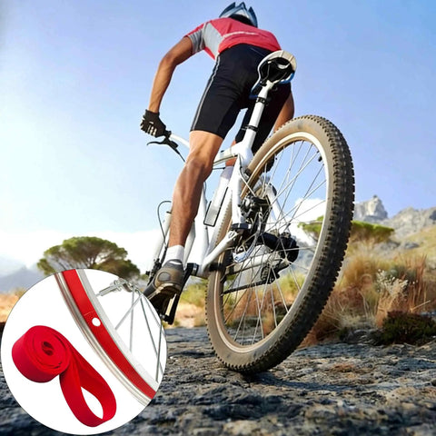 Cyclist on trail with inset showing 2 Pack 26 Inch Red Bicycle Rim Strip Tape With Nylon Inner Tube Protection Liner for bike