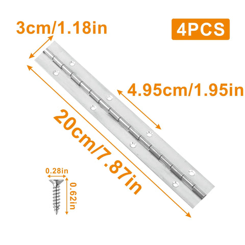 Hefty Tough 4 Pack 8 Inch Continuous Piano Hinges Made From Top Shelf 304 Stainless Steel That Lock Onto Cabinets Or Diy Furniture Without Skipping A Beat In Sleek Silver, showing dimensions.