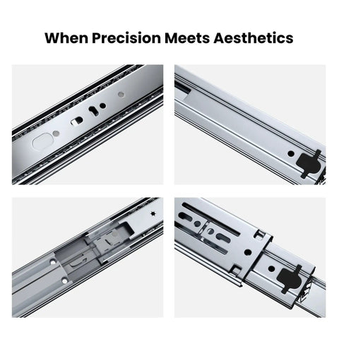 Close-up of 22 Inch Soft Close Full Extension Drawer Slides Set of 6 Pairs Cabinet Drawer Slides with Ball Bearing, Heavy Duty, 100 Lb Capacity for Smooth Greased Glides.
