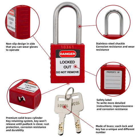 Electrical Lockout Tagout Kit With 33 Devices Padlocks Hasps Circuit Breaker Locks Switch Locks Tag Outs And Nylon Storage Bag For OSHA Compliant Hazardous Energy Control On The Job – Red padlock and keys with safety labels and instructions
