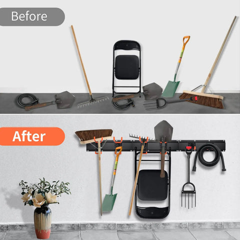 Heavy Duty Garden Tool Organizer Wall Mount Rack With Six Steel Hooks 48 Inch Three Rail Garage Storage System Before and After