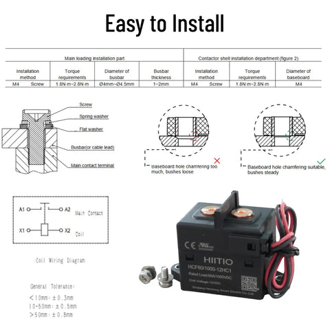 Heavy Duty 60A 1000VDC High Voltage Ceramic DC Contactor Relay With 12V Coils For EV Chargers Solar Grids Wind Farms Battery Banks installation diagram and details.