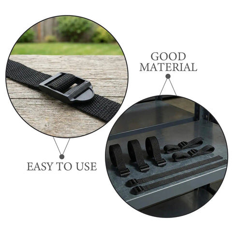 Close-up of Manual Lawn Aerator Shoes Straps Eight Piece Set with adjustable black plastic buckles on textured surface