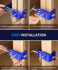 Installation steps using Heavy Duty Cabinet Clamps 4 Pack With Built In Drill Guide And EVA Protection, Cast Steel Construction.