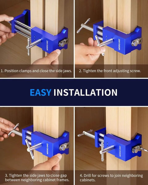 Installation steps using Heavy Duty Cabinet Clamps 4 Pack With Built In Drill Guide And EVA Protection, Cast Steel Construction.