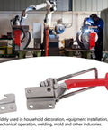 Super Durable Stainless Steel Toggle Clamps With Adjustable Openness And 900kg Heavy Duty Firm Fixing Buckle Latch For Welding Mold Installation And DIY Hardware Jobs on workbench with red handle.
