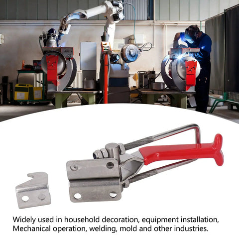 Super Durable Stainless Steel Toggle Clamps With Adjustable Openness And 900kg Heavy Duty Firm Fixing Buckle Latch For Welding Mold Installation And DIY Hardware Jobs on workbench with red handle.