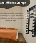 Heavy Duty Black Acrylic Drumstick Holder mounted on wall, space-efficient rack for ten sticks and mallets in bedroom.