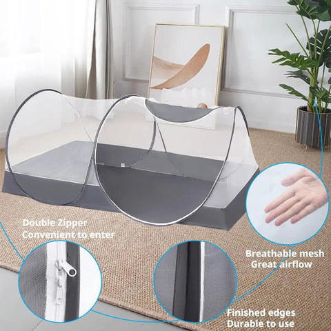 Large Pop Up Bed Mosquito Net Canopy for Bed Camping and Travel Portable Travel Friendly Foldable Tent Easy Setup 78 by 39 by 28 inch size shown in a room setting.