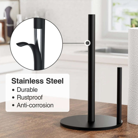 Matte Black Stainless Steel Paper Towel Holder With Weighted Base, Topnotch Durable Kitchen Roll Dispenser, countertop view in kitchen