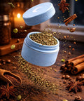 Blue compact manual spice crusher for kitchen and outdoors, no battery needed, showcasing detachable parts and crushed spices.