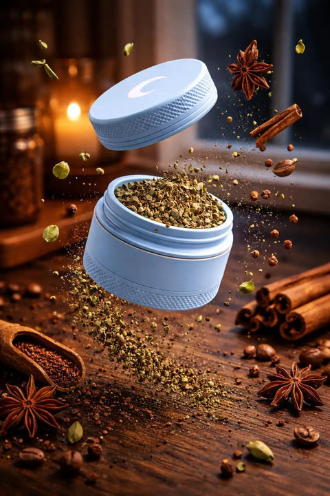 Blue compact manual spice crusher for kitchen and outdoors, no battery needed, showcasing detachable parts and crushed spices.
