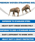 Badass Heavy Woven Pallet Strapping Tape One Thousand Foot Roll Half Inch Wide with elephants demonstrating strength.