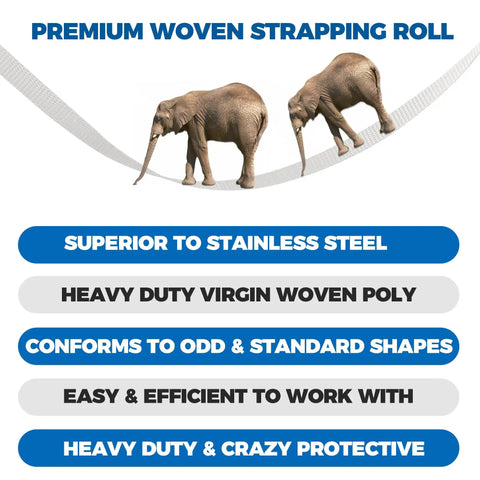 Badass Heavy Woven Pallet Strapping Tape One Thousand Foot Roll Half Inch Wide with elephants demonstrating strength.