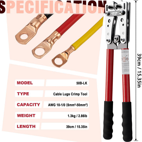 Beefy Battery Cable Lug Crimping Tool Kit For AWG 10 To 1/0 Heavy Duty Electrical Lug Crimper with red handles and copper lugs.