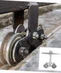 Heavy Duty Sliding Door Track Roller Wheel For Smooth Operation And High Load Capacity Perfect For Industrial Doors Cabinets And Closets Durable Steel Wheel And Track Hardware, close-up view of steel roller installed on track.
