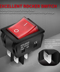 Beefy 30A 250V DPST Rocker Switch with Red Illuminated Indicator 4 Pin for 120V or 240V; close-up view