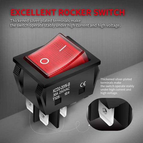 Beefy 30A 250V DPST Rocker Switch with Red Illuminated Indicator 4 Pin for 120V or 240V; close-up view
