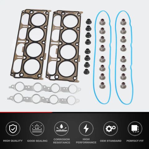 All In One Full Cylinder Head Gasket Kit For 4.8L And 5.3L V8 Trucks And SUVs Like Silverado Tahoe Suburban Express Sierra Savana Yukon And Buick Escalade Replacement displayed with steel gaskets and seals