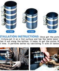 Worldity piston ring compressor set in 3, 4, 6 inch sizes with pliers, hex key and stainless steel feeler gauge; shown with installation steps