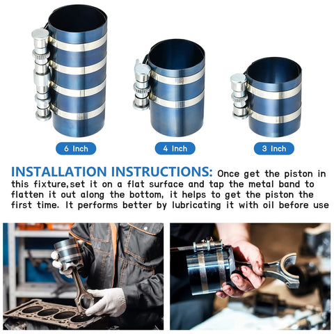 Worldity piston ring compressor set in 3, 4, 6 inch sizes with pliers, hex key and stainless steel feeler gauge; shown with installation steps