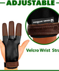 Three Finger Archery Glove Leather Tab with Velcro strap, showing durable faux leather and cow leather tabs
