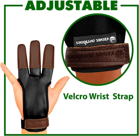 Three Finger Archery Glove Leather Tab with Velcro strap, showing durable faux leather and cow leather tabs