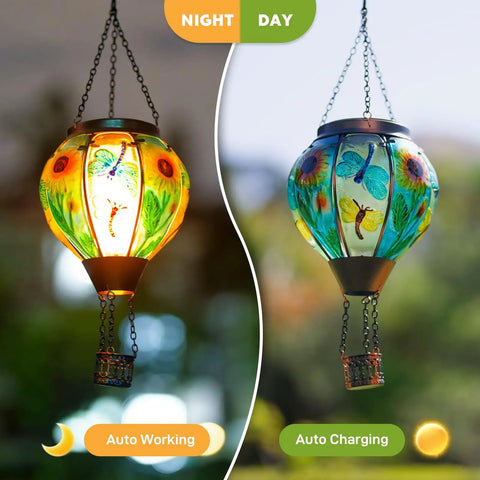 Hot Air Balloon Solar Lantern For Outdoor Use, Dragonfly Inspired Glass Hanging Light For Patio And Garden Decor, night and day view