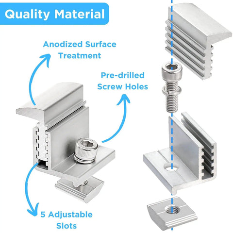 Close-up of 10 Pack Adjustable 35-50mm Solar Panel End Clamp Mounting Brackets in Anodized Aluminum Z Bracket Kit with components highlighted.