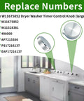 Upgraded Dryer Knob Replacement For Whirlpool And Maytag Dryers displaying models it replaces