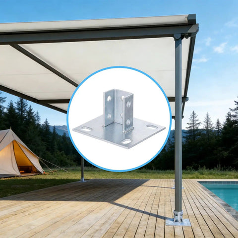 Poolside canopy with 8 Pack 1 5/8 Inch Square Strut Channel Post Bases With U Shaped Floor Mount, Four Slotted Holes