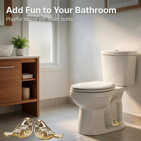 Upgrade Your Bath Setup With These Fresh Golden Bird Ceramic Toilet Bolt Caps on a white toilet in a modern bathroom.