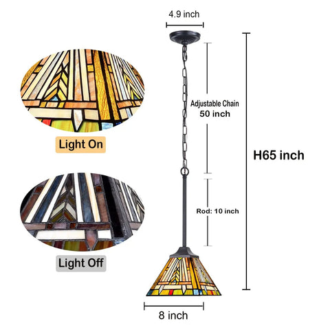 Tiffany Style Pendant Light Fixture With Dope Vintage Mission Farmhouse Charm 8 Inch Wide Stained Glass Pendant with adjustable chain.