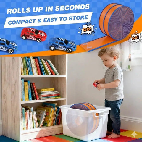 Child next to Two Track Flexible Race Track Set For Kids With 15 Ft Buildable Track, rolled up for storage in white bin