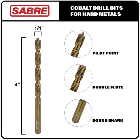 Heavy Duty Cobalt Drill Bits Set One Quarter Inch By Four Inch 5 Piece Metal Drill Bit Set For Steel Cast Iron Fast Penetration And Long Lasting Durability For Drilling Through Hard Metals Quickly And Cleanly, showing a single 1/4 inch by 4 inch bit with pilot point, double flute, and round shank.