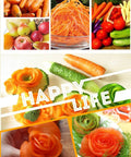 Kitchen carrot spiral curler and peeler collage showing carrot spirals, carrot rose, shredded carrot, cucumber and fruit.