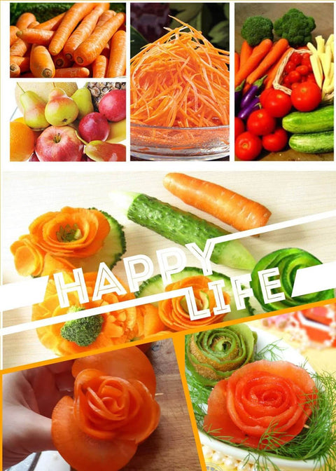 Kitchen carrot spiral curler and peeler collage showing carrot spirals, carrot rose, shredded carrot, cucumber and fruit.