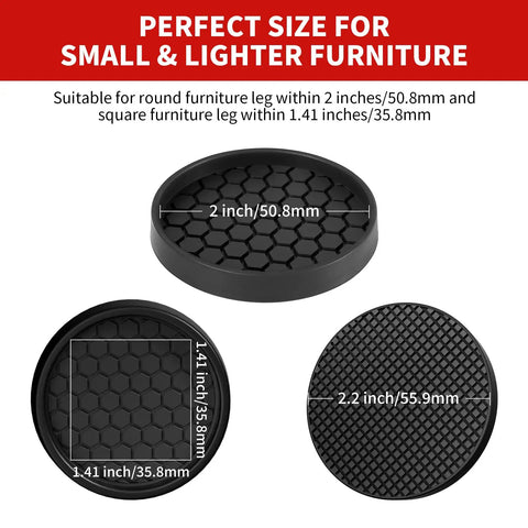 Non Slip Furniture Pads 2 Inch Anti Skid Rubber Caster Cups 12 Pack Black in 2-inch and 1.41-inch sizes for small furniture legs.