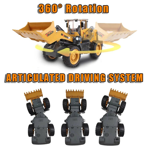 Dope One Fourteenth Scale RC Wheel Loader with 360° turn and articulated driving system, front loader view