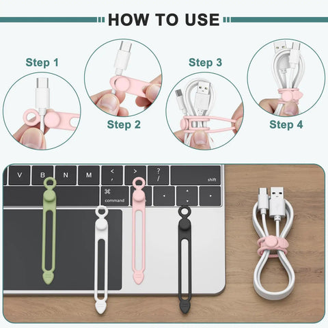 How to use Reusable Silicone Cable Ties 20 Pack Boss Level Desktop Cord Organizers to tidy charging cables on keyboard.