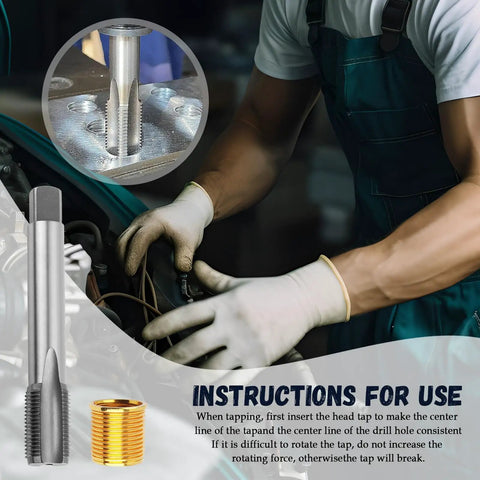 Mechanic using Spark Plug Thread Repair Kit with M16x1.25 tap and 10 M14x1.25 inserts for automotive engines, close-up view