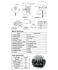 High-temperature NEMA 14 pancake motor with 10-tooth gear; 36 mm diameter, gear diagram.