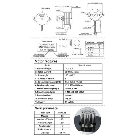 High-temperature NEMA 14 pancake motor with 10-tooth gear; 36 mm diameter, gear diagram.