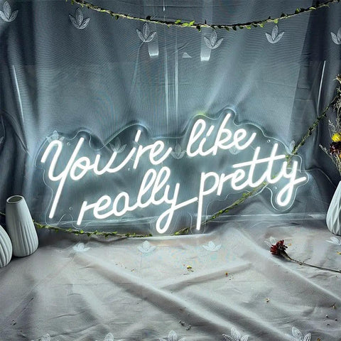 You Are So Pretty Neon Sign Led Light Up Wall Decor Made From Transparent Acrylic For Indoor Use In Living Room Bedroom Office Party Wedding Christmas Gift 29.9 By 13.7 Inches Cool White on display with decorative vases