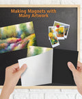 Hands holding Non Adhesive Magnetic Sheets 8.5 By 11 Inches 30 Mil Thick 4 Pack for displaying artwork on a magnetic board.