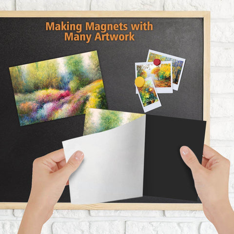 Hands holding Non Adhesive Magnetic Sheets 8.5 By 11 Inches 30 Mil Thick 4 Pack for displaying artwork on a magnetic board.
