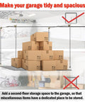 One Person Adjustable Overhead Garage Storage Lift With Hand Crank No Ladder Needed Heavy Duty Ceiling Mounted Rack System 300 Lb Capacity Hoist For Easy Garage Organization And 16 Ft Reach installed in a garage holding boxes, emphasizing organization.