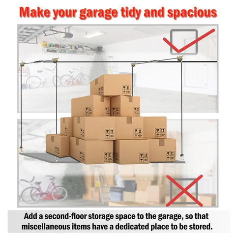 One Person Adjustable Overhead Garage Storage Lift With Hand Crank No Ladder Needed Heavy Duty Ceiling Mounted Rack System 300 Lb Capacity Hoist For Easy Garage Organization And 16 Ft Reach installed in a garage holding boxes, emphasizing organization.