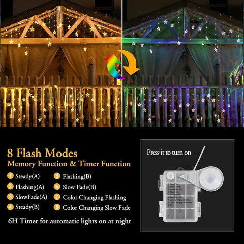 Color Changing Star Window Christmas Lights With 9 Star Curtain Ornaments Multicolor And Warm White Battery Operated With Timer 8 Modes IP65 Waterproof Xmas Window Decor For Indoor And Outdoor Use displayed on porch at night, showing warm white and colorful lighting modes with control box and mode settings.